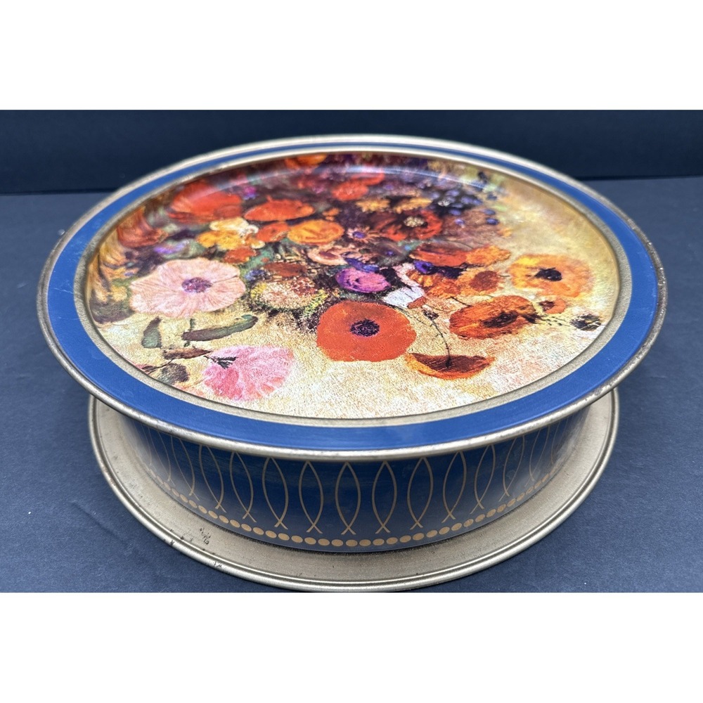 Vtg Tin Canister Serving Tray Lid 13.5" X large Double sided Floral Odilon Redon